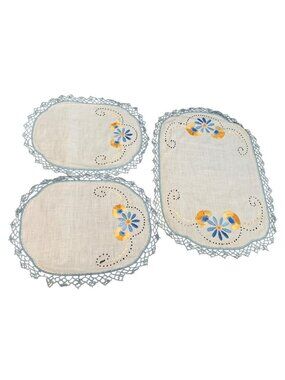 Embroidered Linen Doilies Set Blue & Yellow Floral Light Blue Crochet Edges Vtg